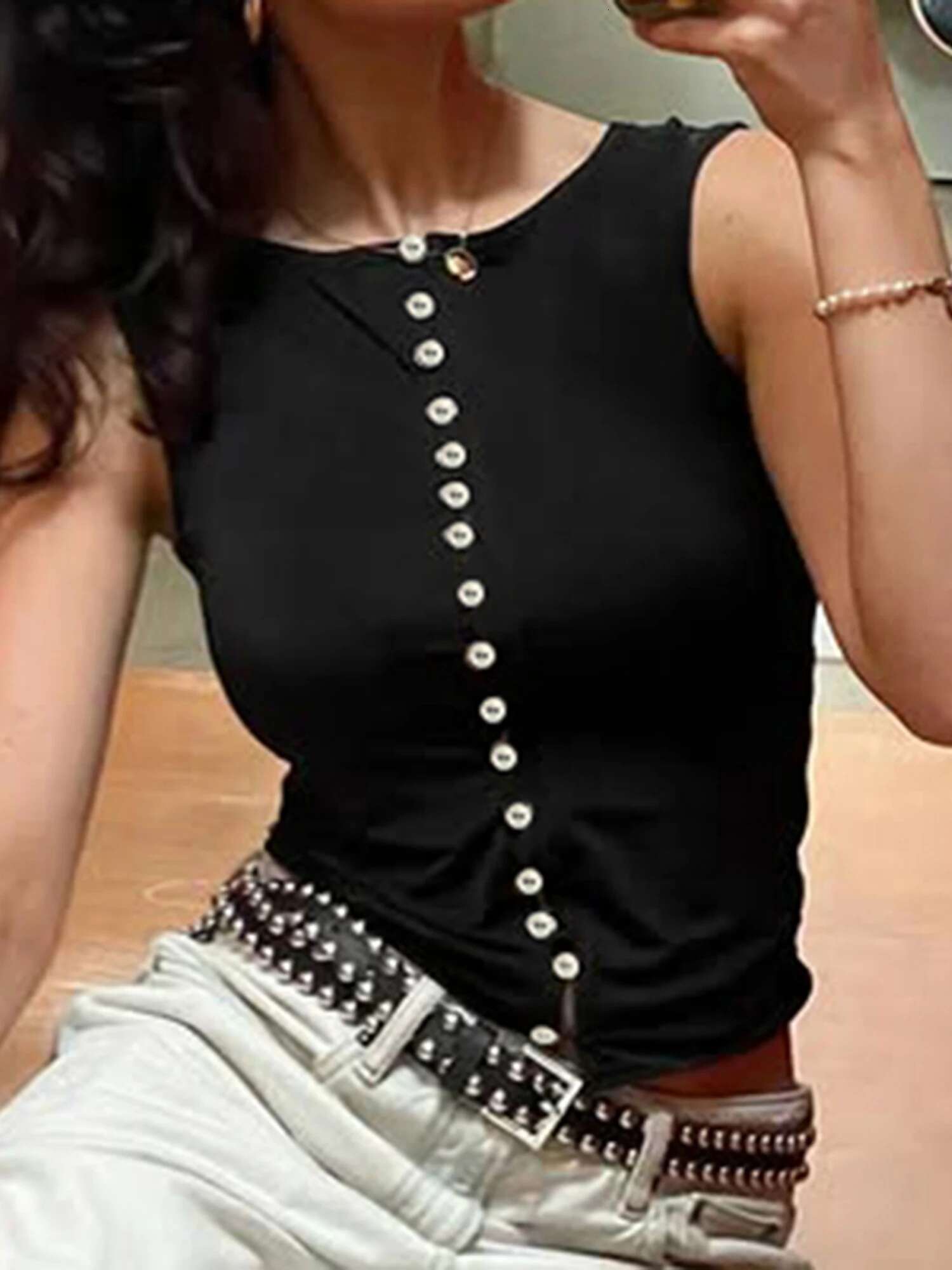 Womens Casual Loose Fit V-neck Sleeveless Solid Color Tank Top with Button Detail and Side Slits for Summer Beach Wear