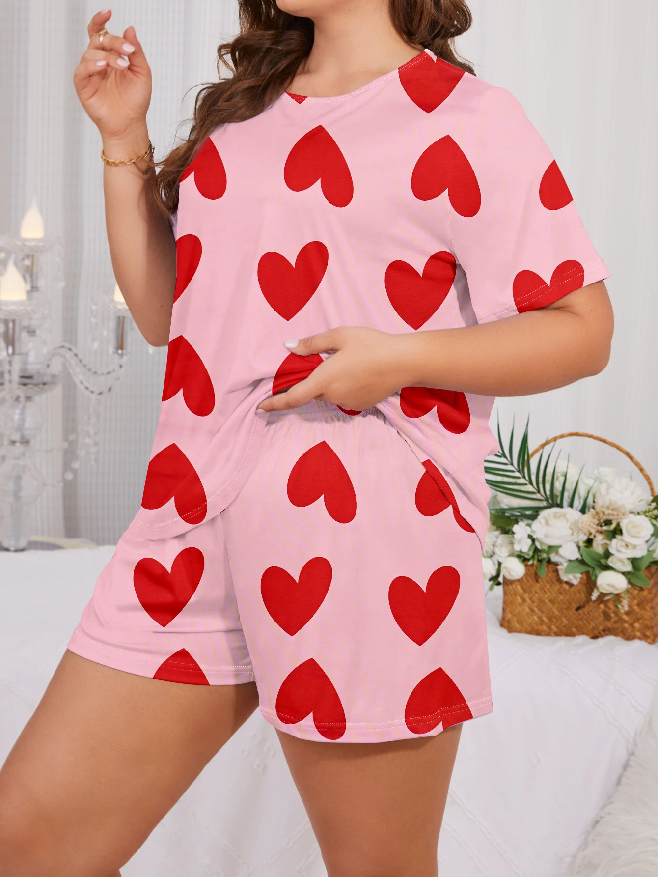 Plus size short sleeved shorts pajamas for women home wear set 250603