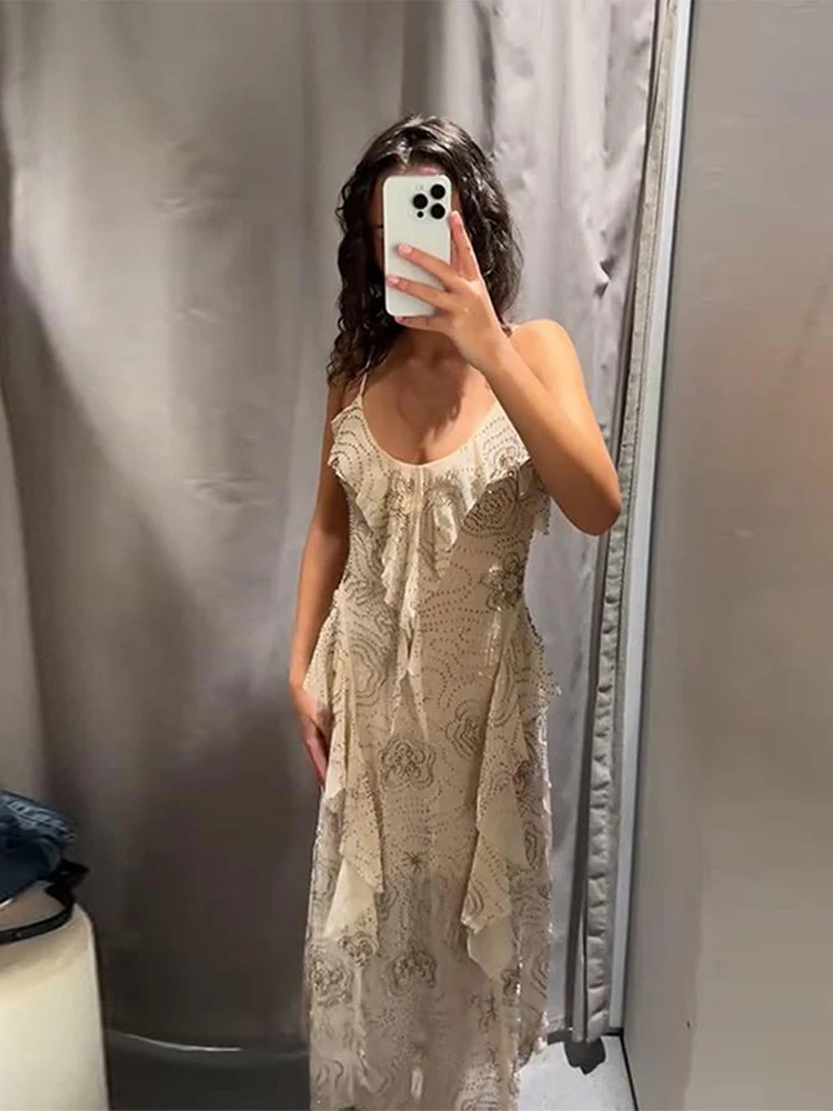 Bead Embroidery Sequin Ruffle Women Dress Sleeveless Backless Strap Sexy Evening Dresses 2025 Summer Party Holiday Street Robe 250605