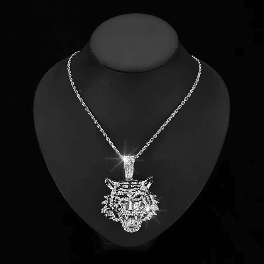 XILIANGFEIZI Europe United States New Alloy Full Diamond tiger Pendant Cuban Necklace Men Hip Hop tiger Jewelry