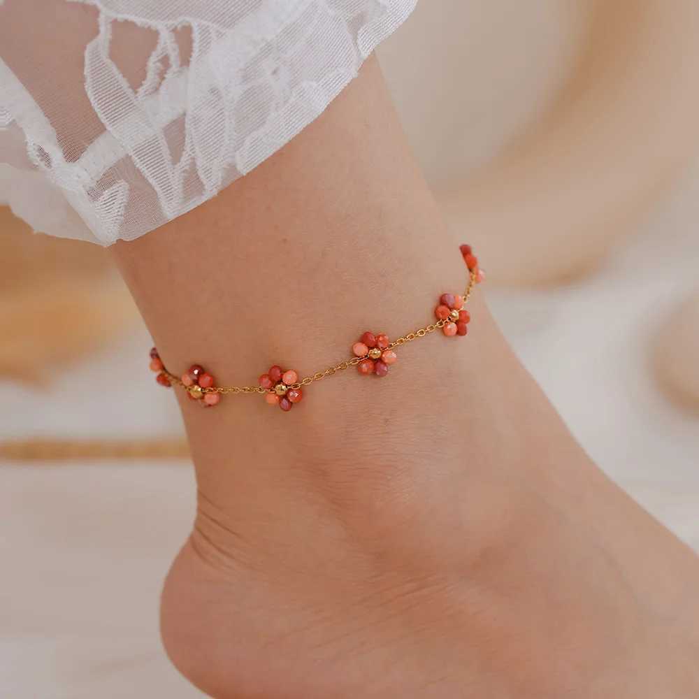 Colorful Glass Stone Beaded Flower Pendant Necklace Anklet Set Womens Stainless Steel Gold plated Chain Summer Jewelry Z250607