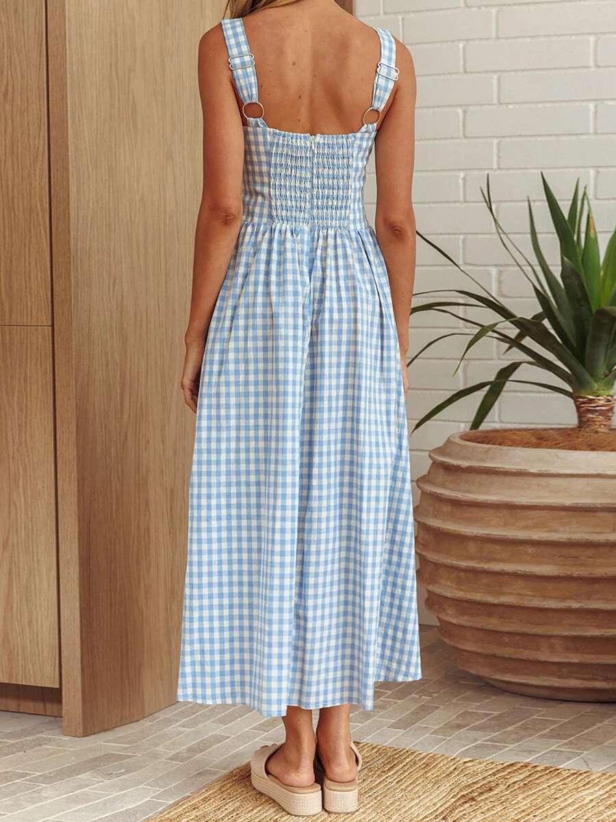 Womens Sleeveless Floral Print Maxi Dress with V-neckline and Adjustable Spaghetti Straps for Summer Beach Party