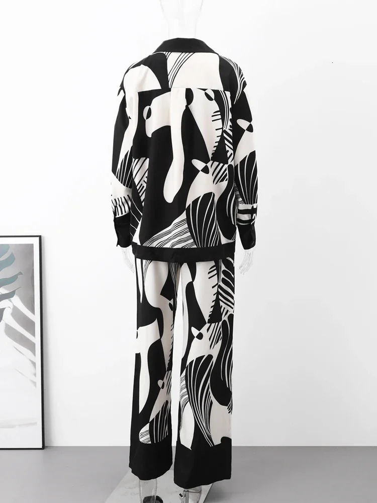 Casual Print Shirt Women 2 Piece Set Elegant Loose Long Sleeve Shirts Wide Leg Pants Female Suit Summer Fashion Lady Outfit 250605