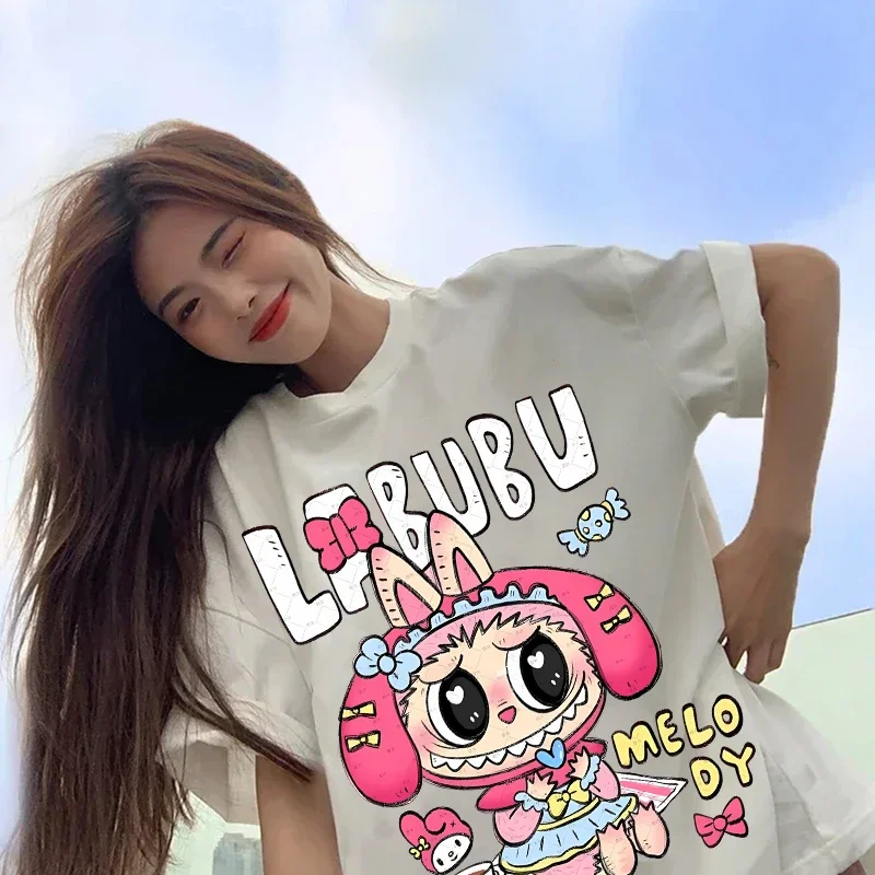 Labubu Designer T-shirts for Women Anime Fashion Short Sleeved 100% Cotton Top Summer Hip Hop Black White T-shirt High Quality Clothes 2025 New