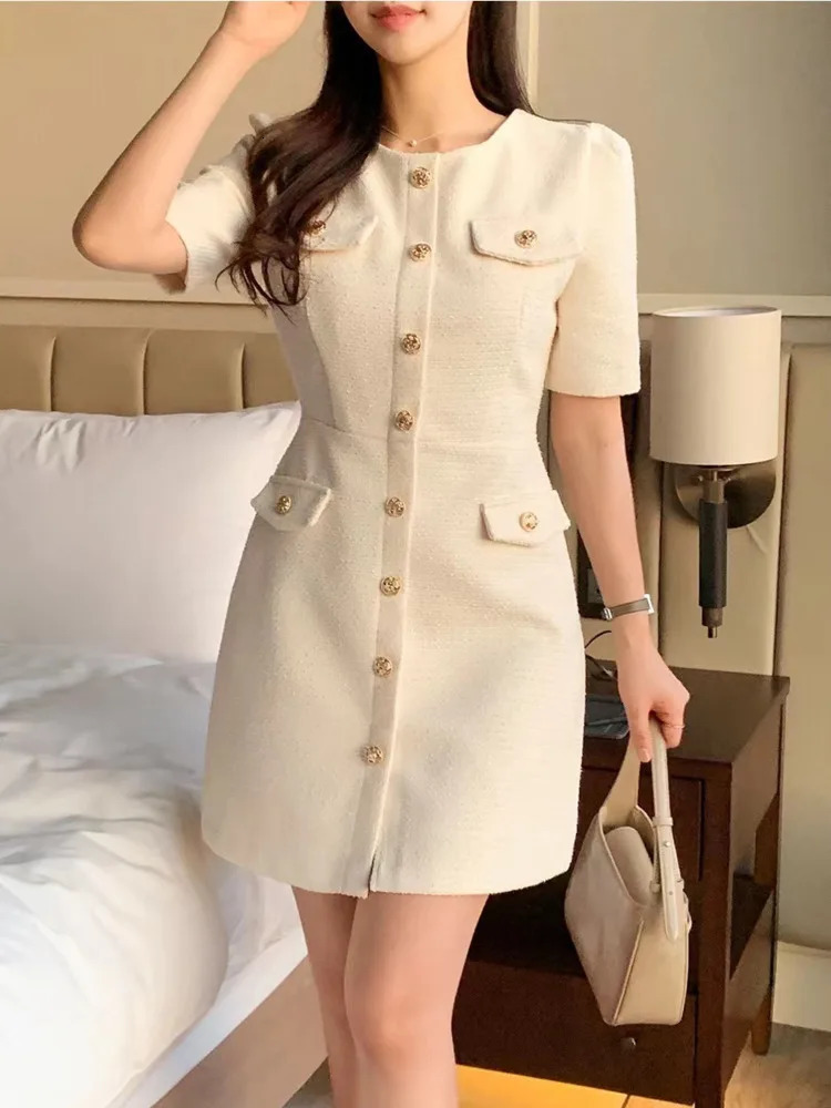 Korean Style Chic Temperament Women Skirt French Small Fragrant O-neck Elegant Coarse Tweed Short Sleeve Dresses Female Clothes 250603