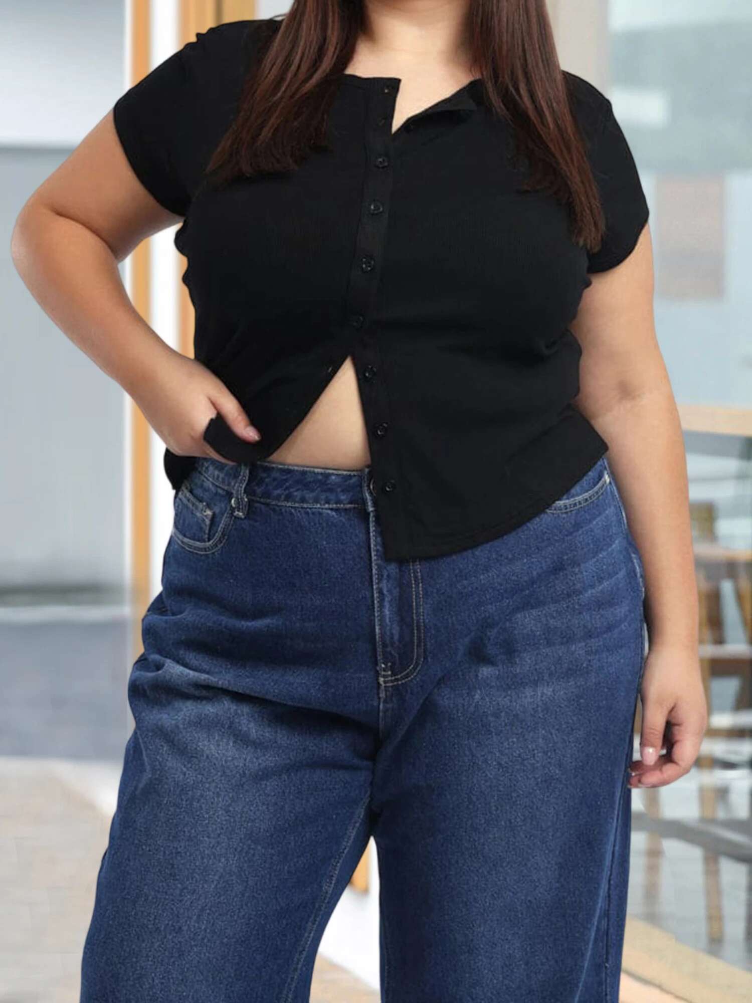 Womens Plus Size Casual Short Sleeve V-neck Solid Color Blouse with Button Detail and Ruched Hem