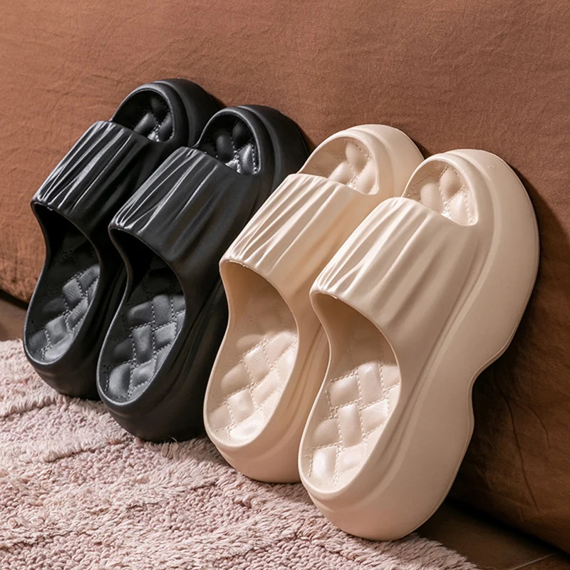 Chunky Platform Slippers for Women Summer 2025 Non Slip Thick Eva Sole Beach Slides Woman Pleated Wedge Heels Sandals 250605