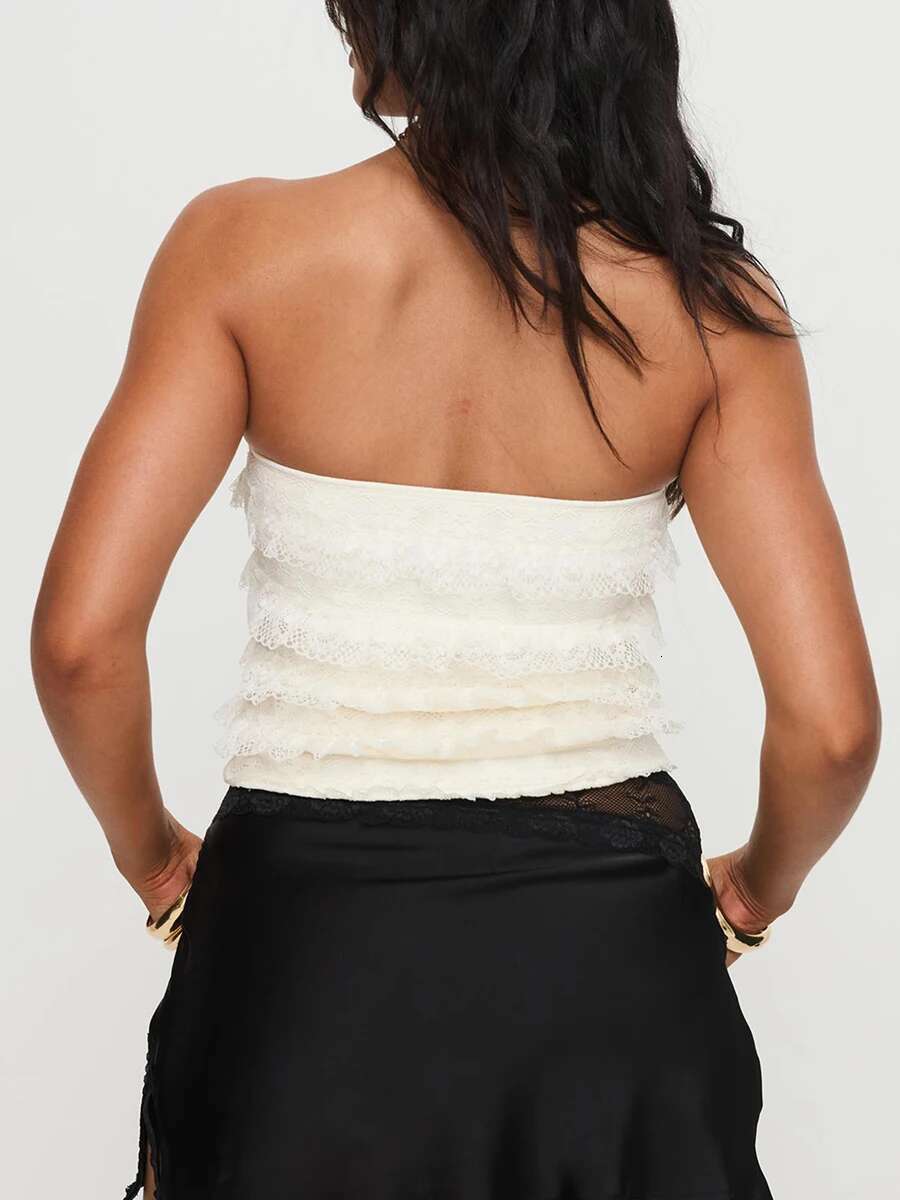 Elegant Lace Off Shoulder Crop Tops with Ruffle Detailing Sleeveless Fit Flower Tube Top for Summer Street Style