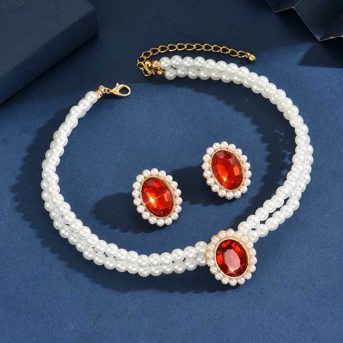 3PC Womens Fashion Imitation Pearl Geometric Set Necklace Earrings Jewelry Set Lightly Designed Holiday Gift Z250607