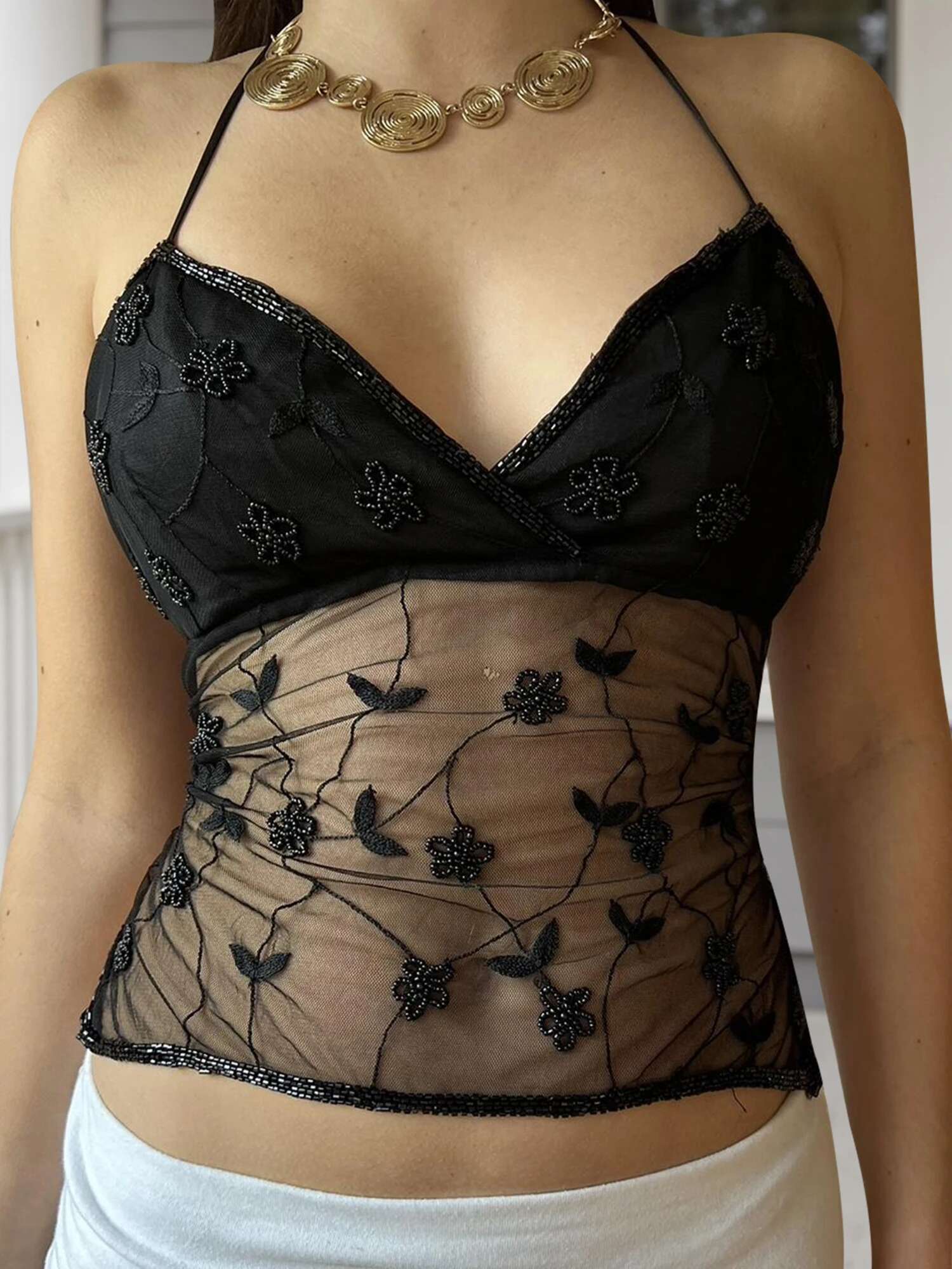 Womens Embroidered Mesh Sleeveless Halter Crop Top with Beaded Flowers and Tie-up Back - Stylish Streetwear Fashion