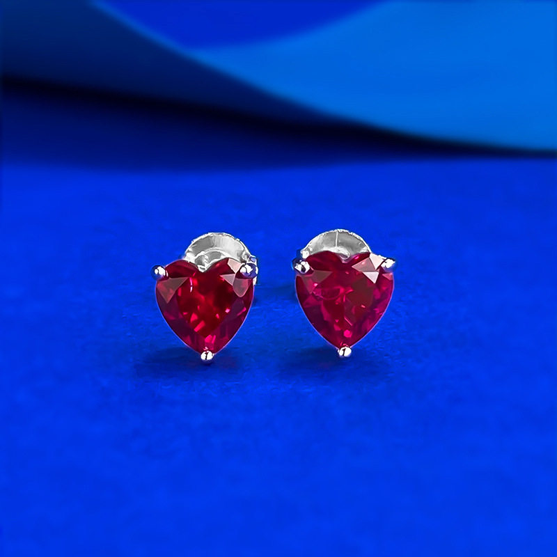 Choucong Ins Top Sell Sweet Cute Girls Simple Fine Jewelry Genuine 100% 925 Sterling Silver Heart Shape Red Garnet Diamond Women Lover Stud Earring Gi