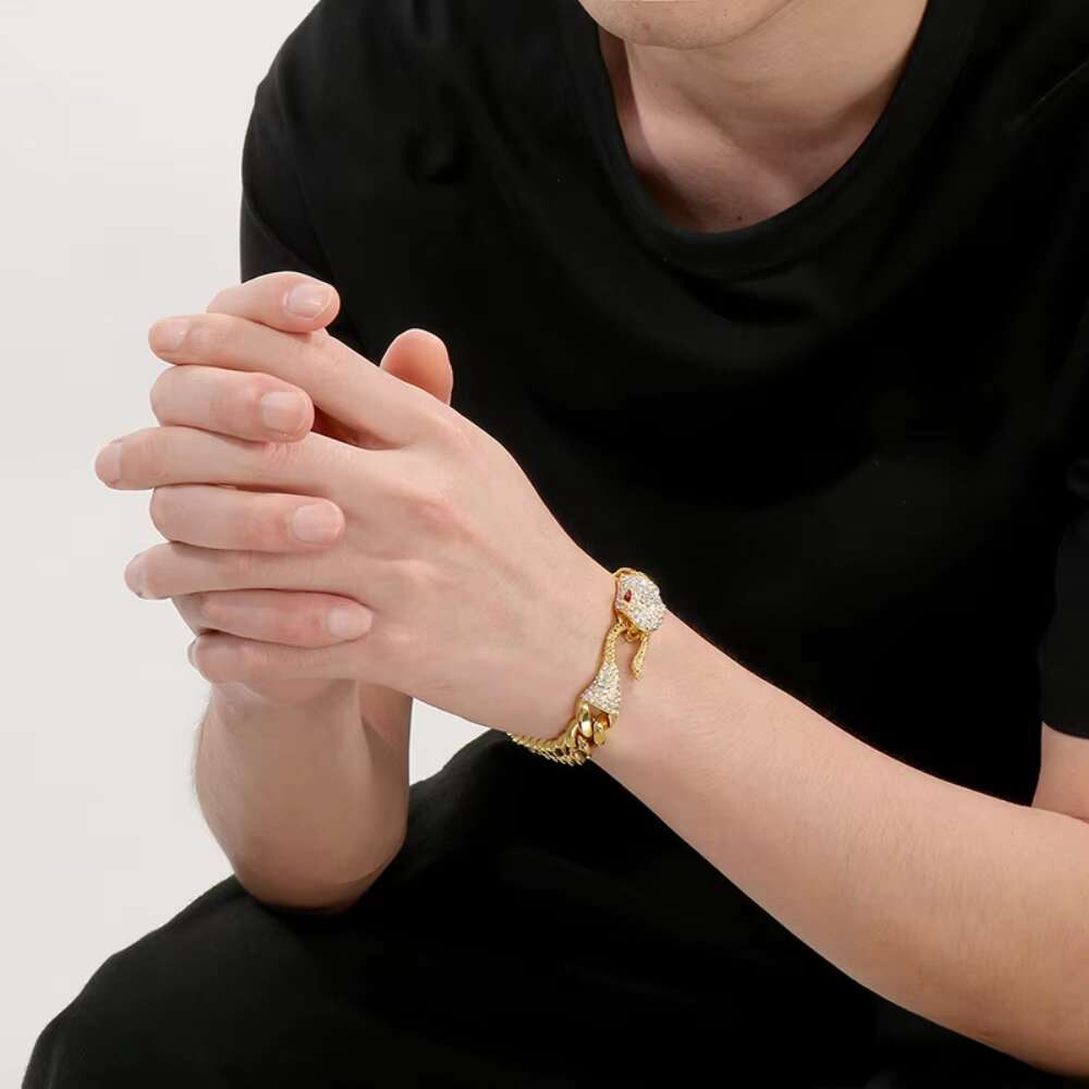 2025 Trendy stainless steel jewelry mens hip-hop Cuban chain bracelet full diamond green/red eye snake head bracelet wholesale