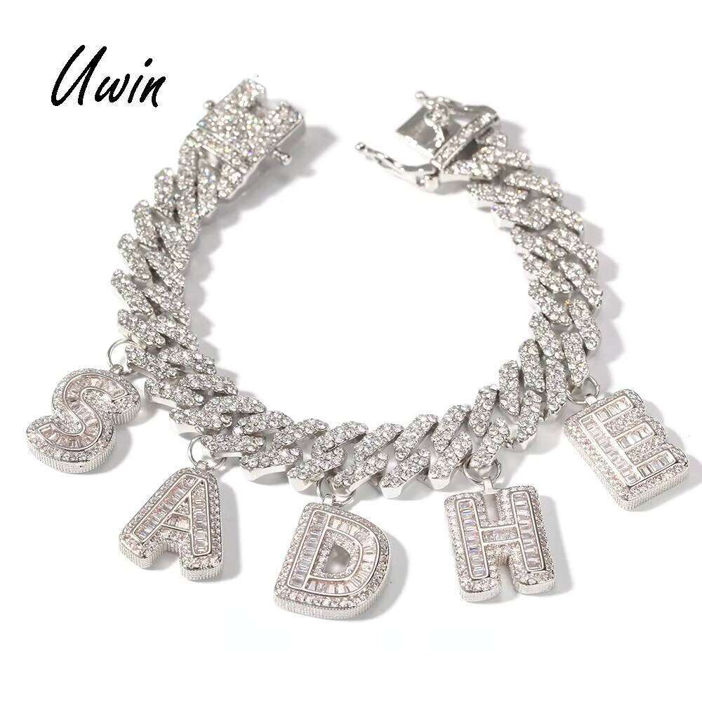 DIY Baguette Letter 12mm Cuban Chain Bracelet Personalized Initial Name Necklace Hip Hop Jewelry