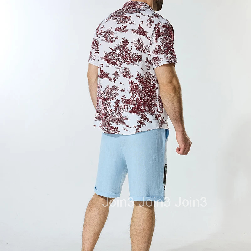 Mens Summer T-shirt with Retro Print and Button Detail Perfect for Casual Beach Days and Streetwear Fashion