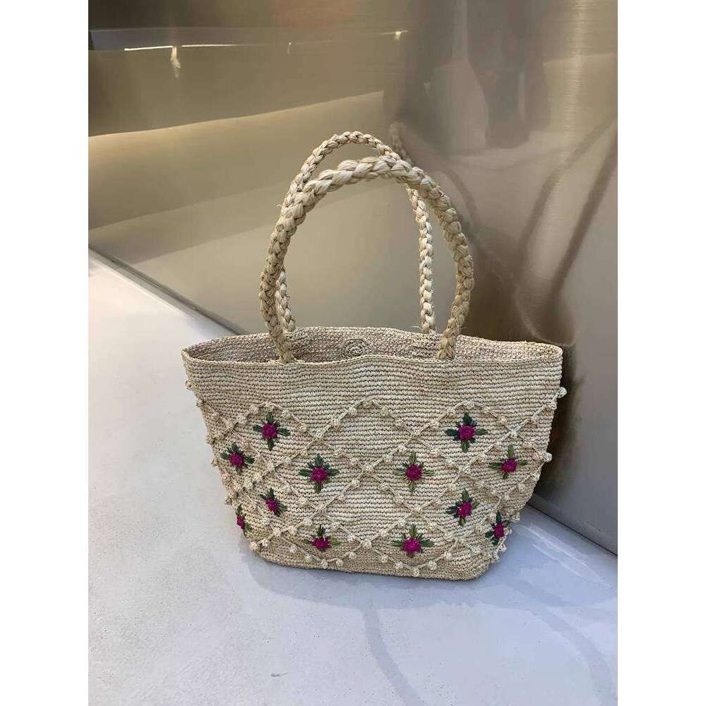 French Country Style Straw Raffia Handwoven Rose Shoulder Large Capacity Tote Beach Bag