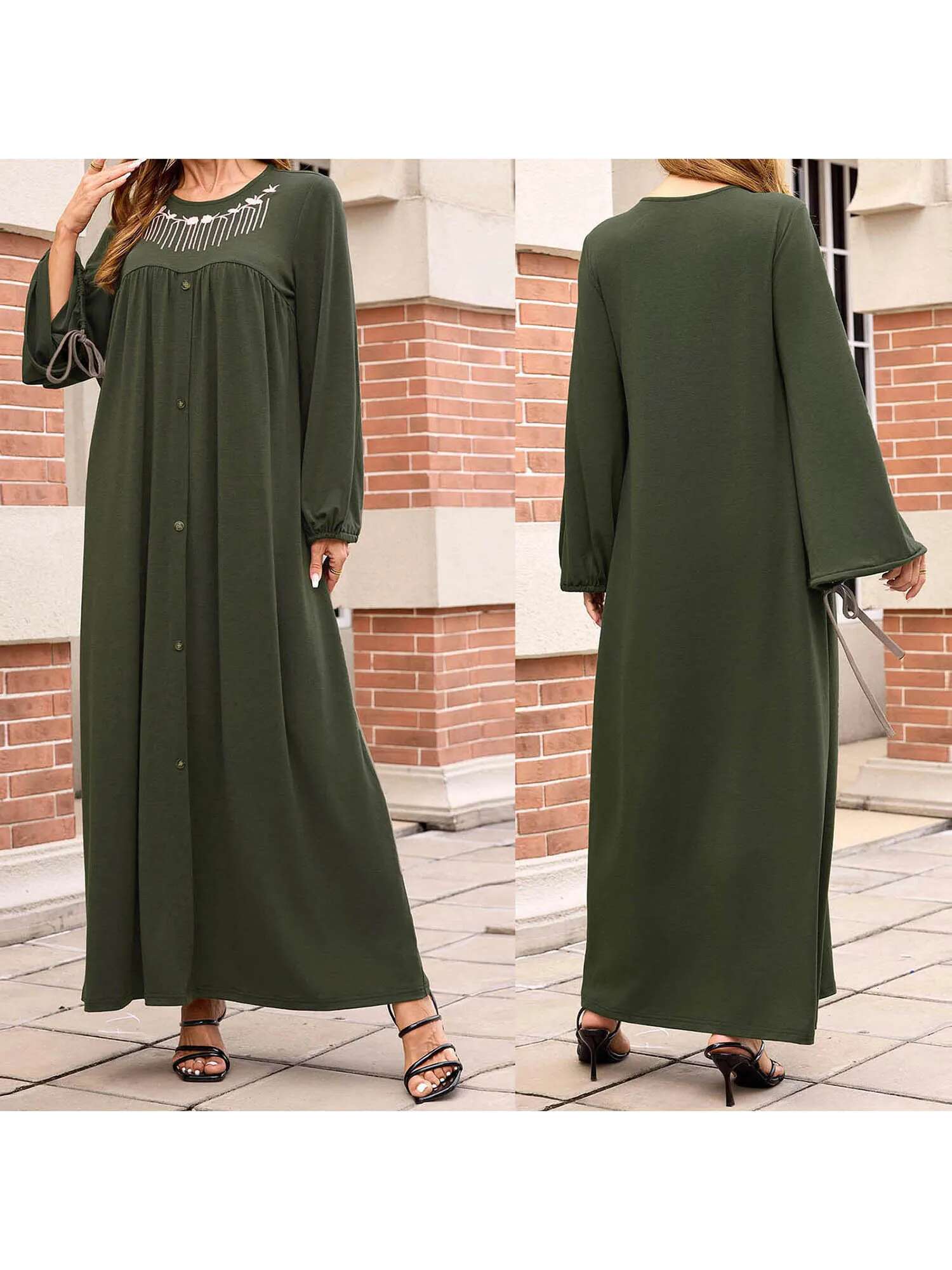Middle Eastern Style Floral Embroidered Maxi Dress with Tassel Detail and Loose Fit Crew Neck - Long Sleeve Abaya Gown