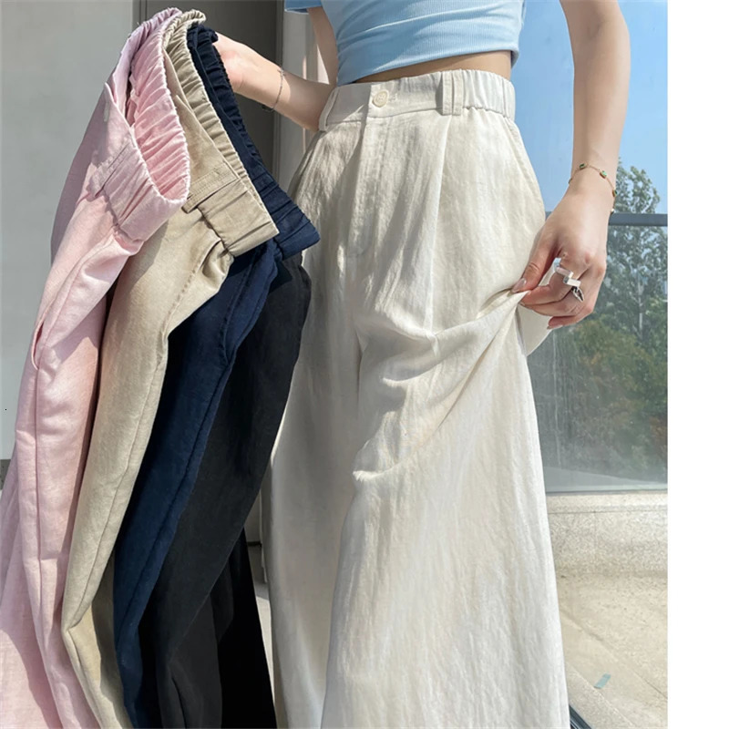 Cotton and Linen Womens Wide Leg Full Pants High Waist Summer Female Elegant Minimalism Straight Loose Trousers Autumn 250605