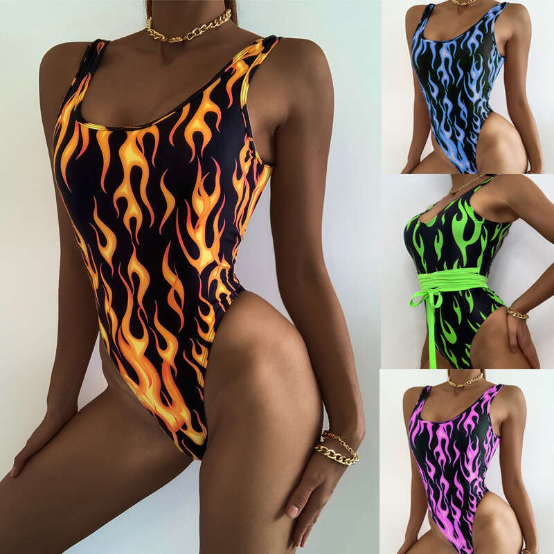European American Style Flame Pattern One-Piece Sexy Tight Backless Bikini Swimsuit for Women 2025 New Elegant and Unique Fashion
