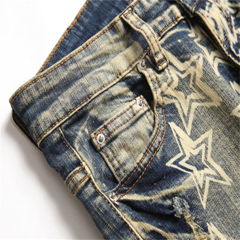 new free shipping designer Jeans Embroidered men jeans with knee hole zipper small leg pants large denim pants Durable Stretchy