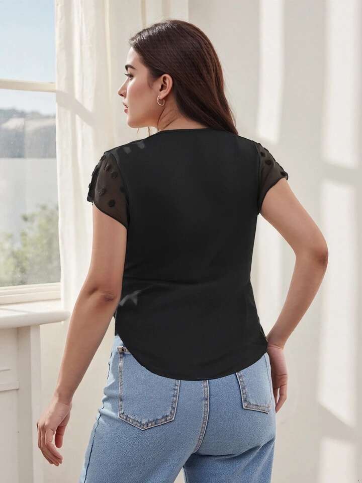 Womens Plus Size Summer Tops Twist Front v Neck Curved Hem Patchwork Mesh Short Sleeve Blouses with Floral Print