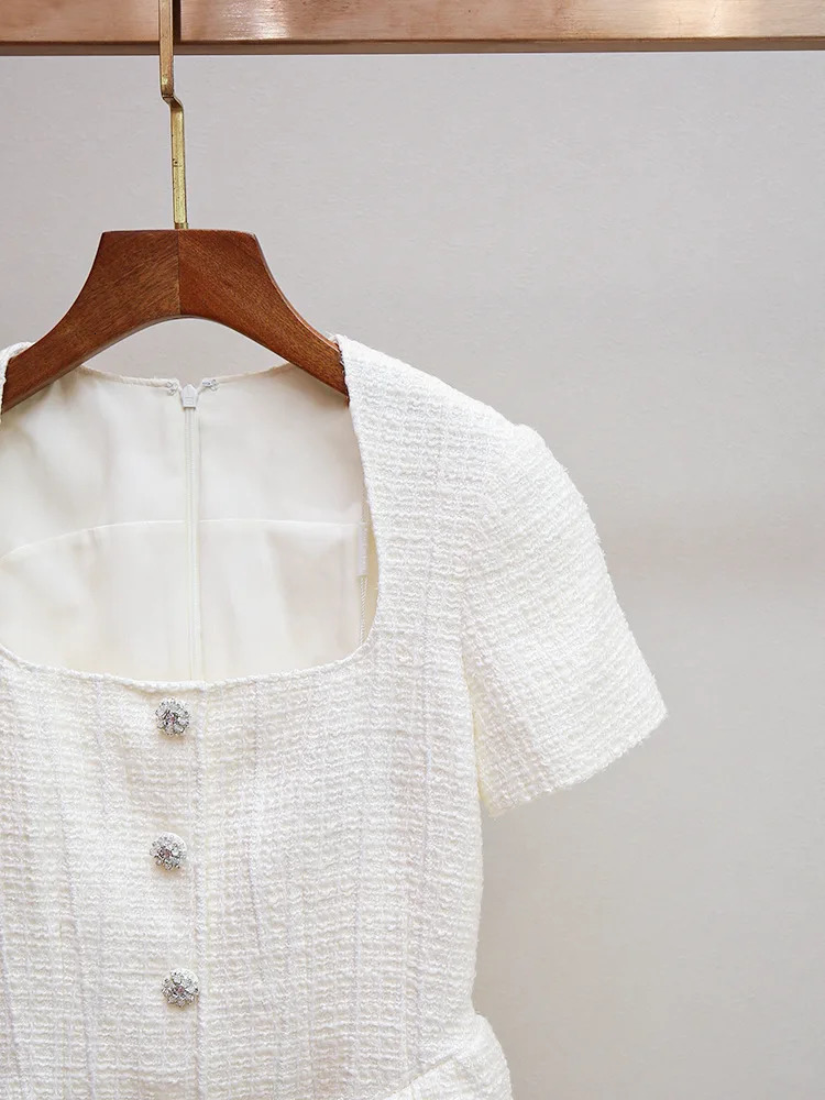 Crystal Short Sleeve Tweed Dress Women Summer Autumn Single Breasted Diamonds Button Mini Prom Party Dresses 250603