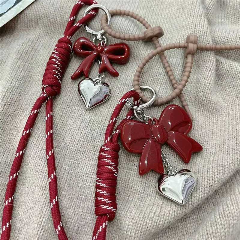 Fashionable Heart Leather Rope Keychain Handmade Y2K Bag Pendant Ornaments Cherry Bow Mobile Phone Lanyard GiftsXJ250607
