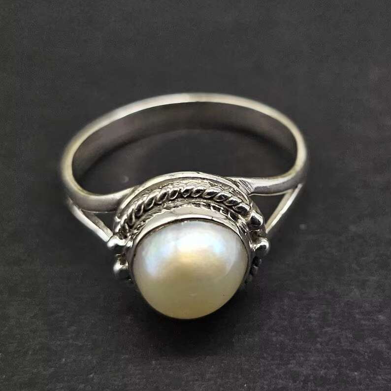 Natural Freshwater Pearl Ring 925 Sterling Silver Ring White Pearl Statement Boho Ring Handmade Pearl Round