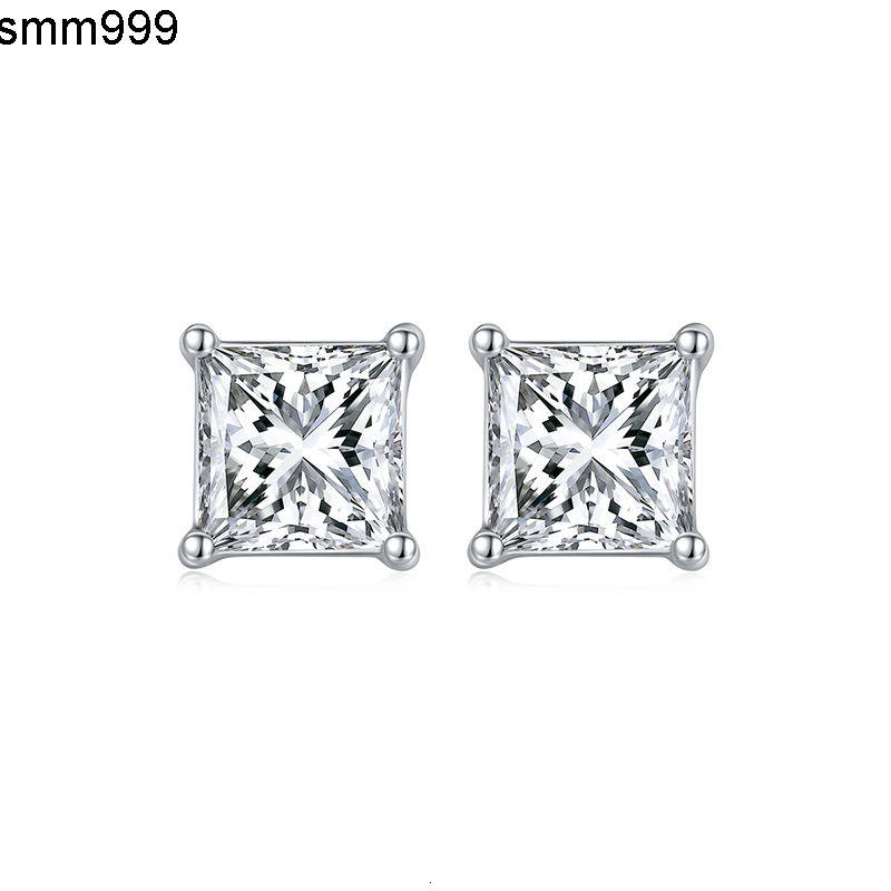 R.GEM. Women Fine Jewelry Moissanite Earrings 4-Prong Stud 0.5CT/1CT Square Princess Cut 925 Silver Moissanite Diamond Earrings