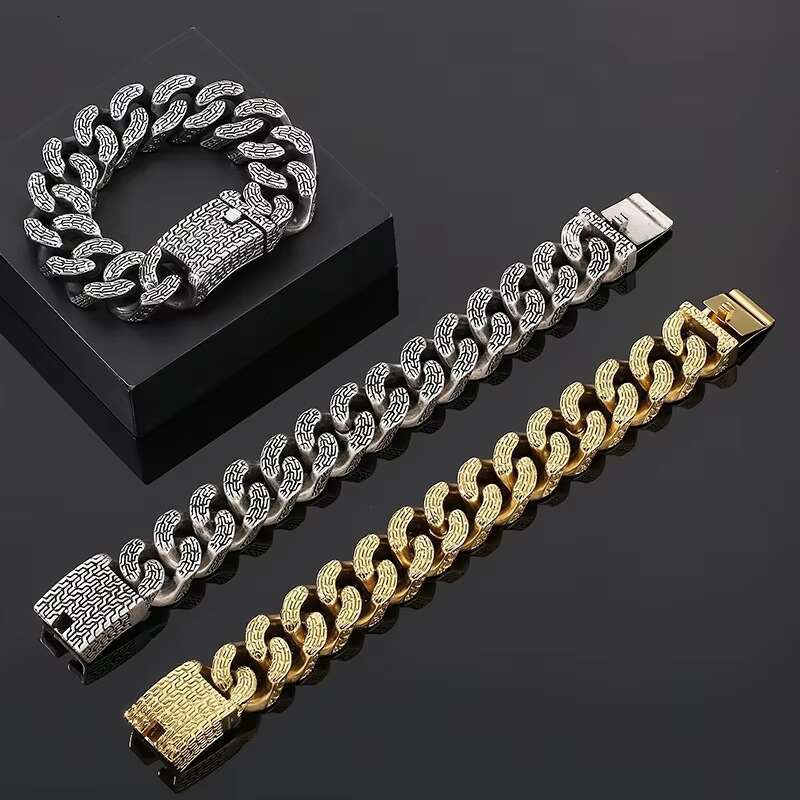 Mens Retro 220mm Stainless Steel Bracelet Cuban Links Gold Plated Trendy Religious Styles Fashion Chain Link Bracelets