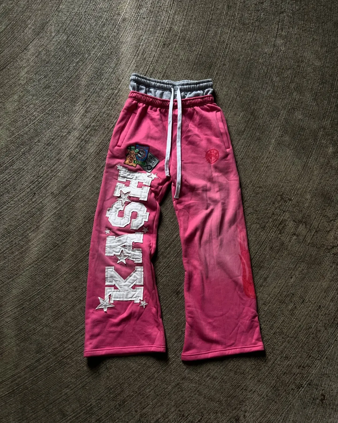 Streetwear Retro Pink Double Layer Sweatpants Y2K Pants Mens Womens Patchwork Baggy Pants Drawstring Casual Trousers