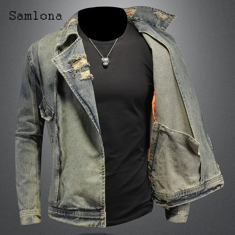 2025 Spring Autumn Motocycle Denim Jackets Men Fashion Ripped Jean Jacket Sexy Mens Notched Zipper Pockets Outerwear 250530