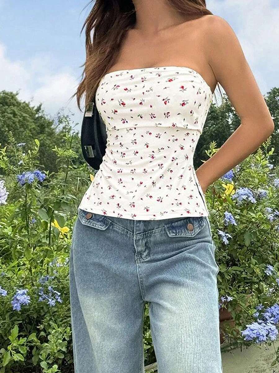 Womens Off Shoulder Ruffle Crop Tops Floral Print Strapless Tube Tops Sleeveless Bandeau Casual Shirts Summer Blouses