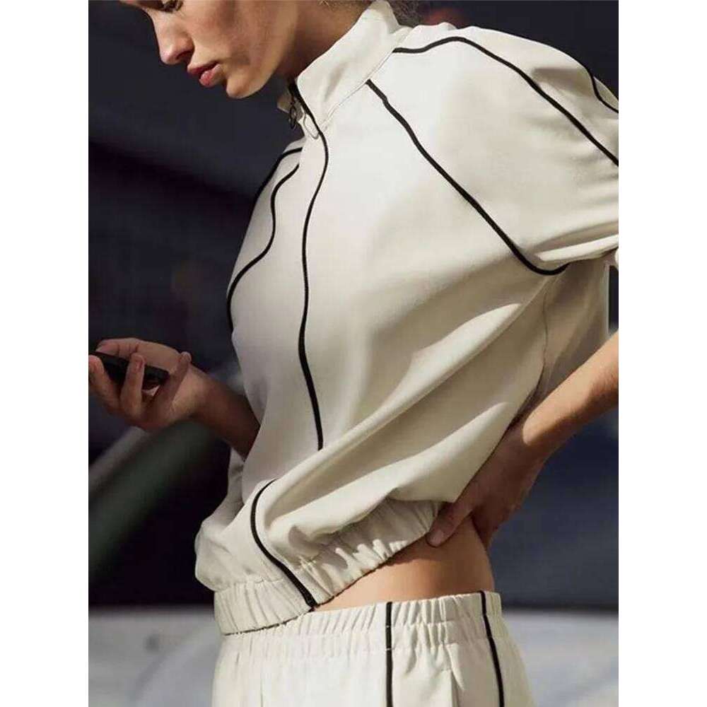 Women Sweat Two Pieces Set Long Sleeve Lapel Zipper Hoodie Tie Elastic Waist Comfortable Striped Pants Sport Suit Spring