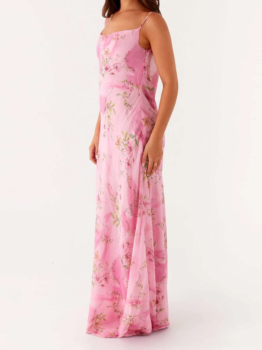 Womens Floral Print Spaghetti Strap Maxi Dress with Sleeveless Open Back Design for Summer Beach Parties and Events