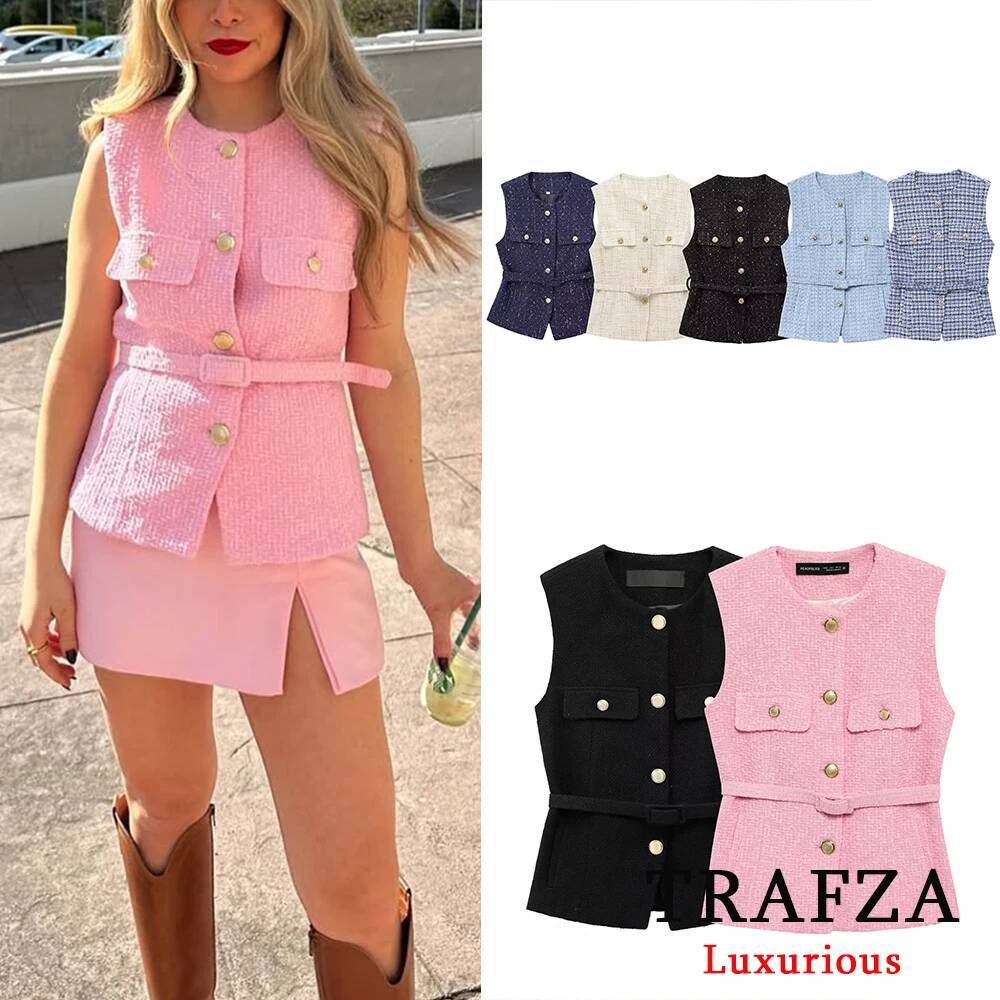 TRAFZA Vintage Belt Twist Waistcoats Women O Neck Sleeveless Gold Buttons Vest Fashion 2025 Spring Summer Office Lady Blazer Top