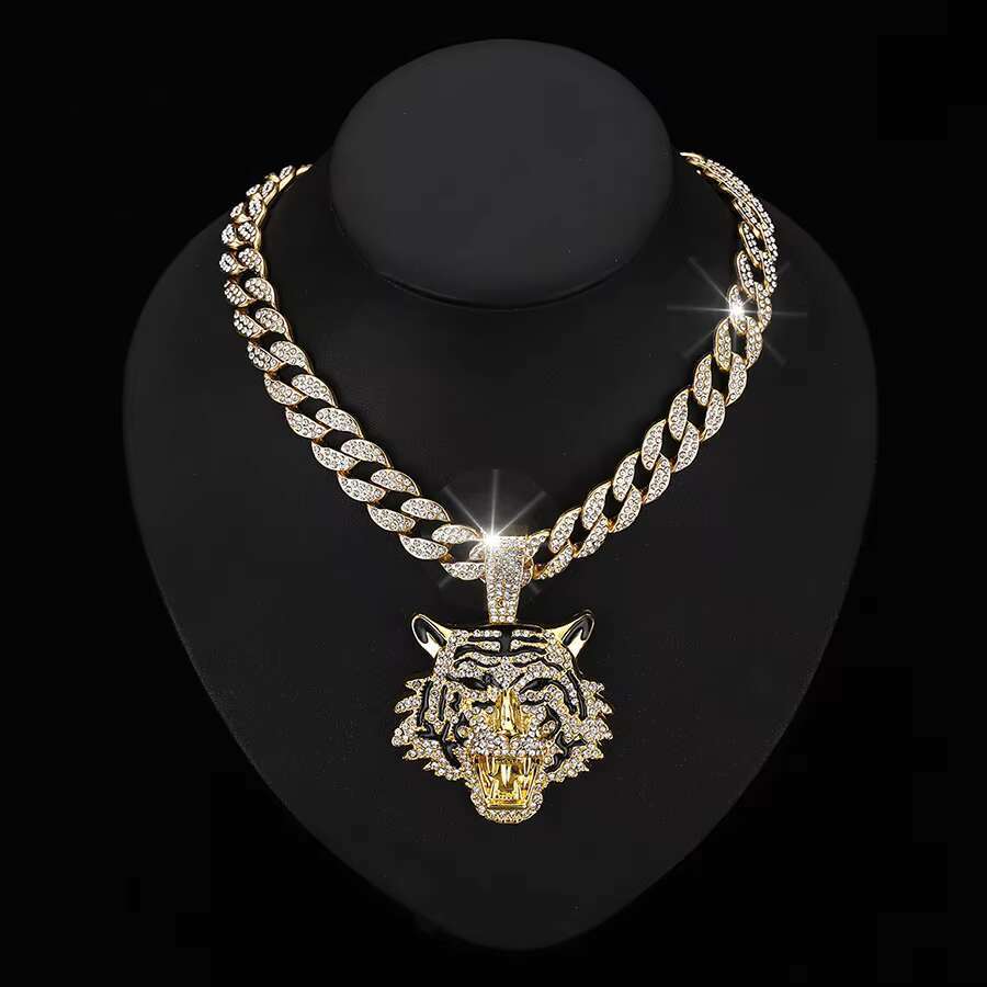 XILIANGFEIZI Europe United States New Alloy Full Diamond tiger Pendant Cuban Necklace Men Hip Hop tiger Jewelry