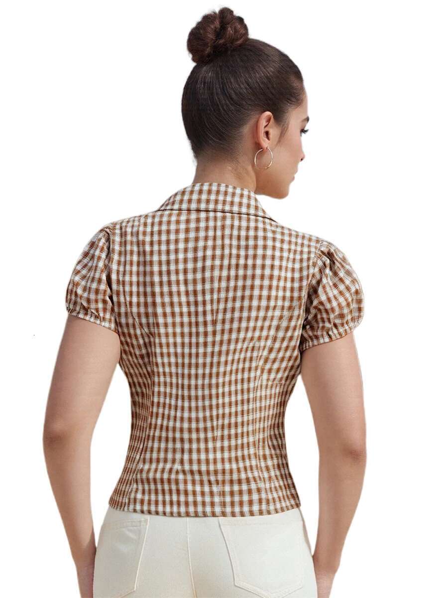 Stylish Womens Plaid Blouse with Short Sleeves Lapel Collar and Ruffle Trim - Fashionable Button Down Top for Summer