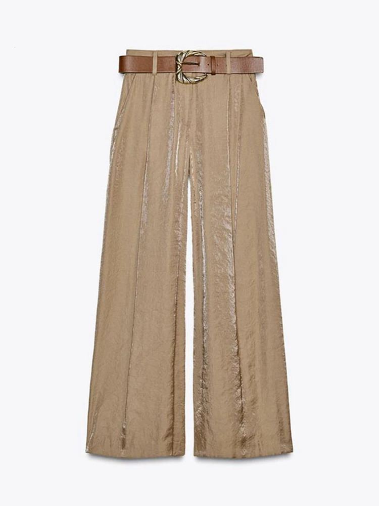 Womens Straight Pants Solid High Waist Belt Pockets Wide Leg Long Trousers Female 2025 Spring Lady Vintage High Street Wears 250605