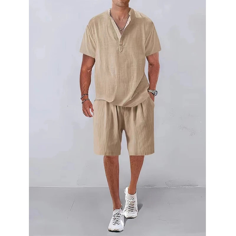 Fashion Men Sets Mens Solid Color Summer Stand Collar Linen Outfits Short Sleeve Polo ShirtShorts Two Pieces Men Casual Suit 250605
