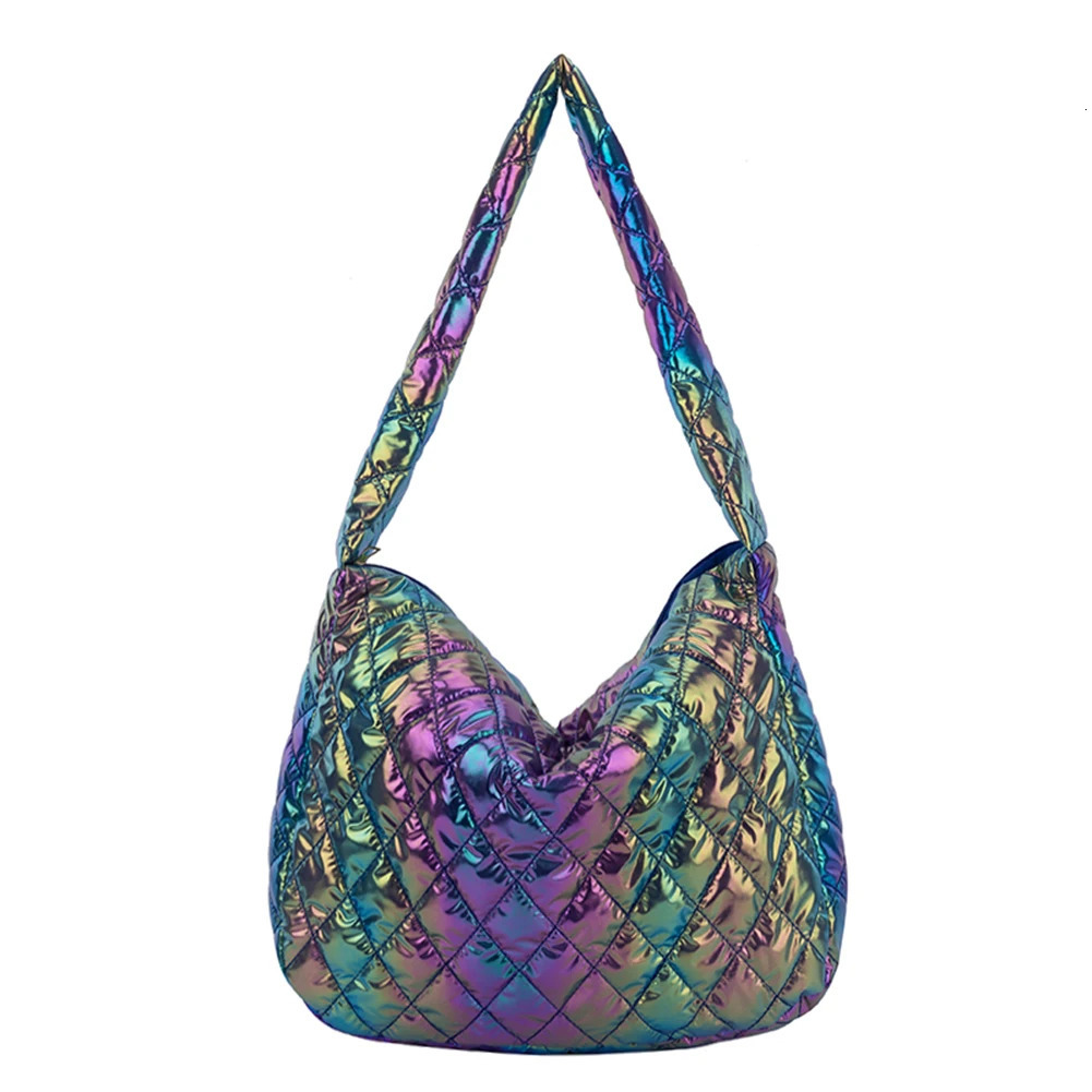 Autumn Winter Ladies Tote Handbags Large-capacity Cotton Padded Top-handle Bags Laser Multicolor Rhombus Winter Pattern Bag 250603