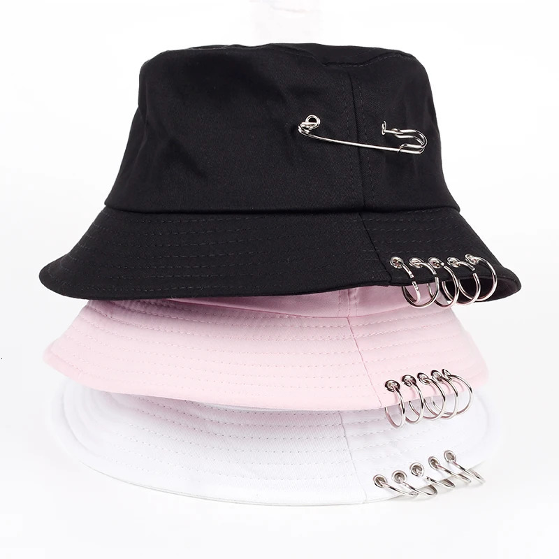 Solid Color iron pin rings personality Bucket Hat cap for unisex women men cotton fishermen caps 250605