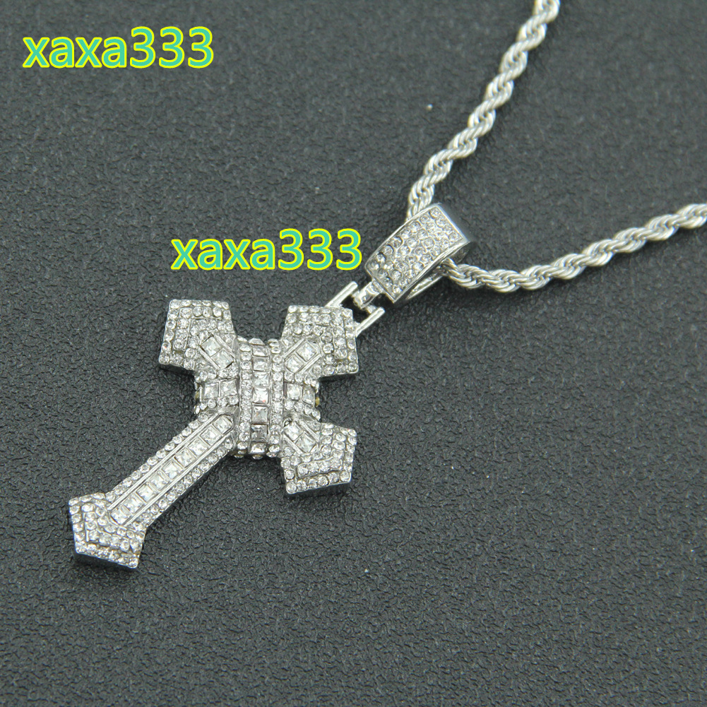 European and American Hip-Hop Trendy Cross Pendant Necklace Three-Dimensional Full Diamond With Stainless Steel Gold Plating