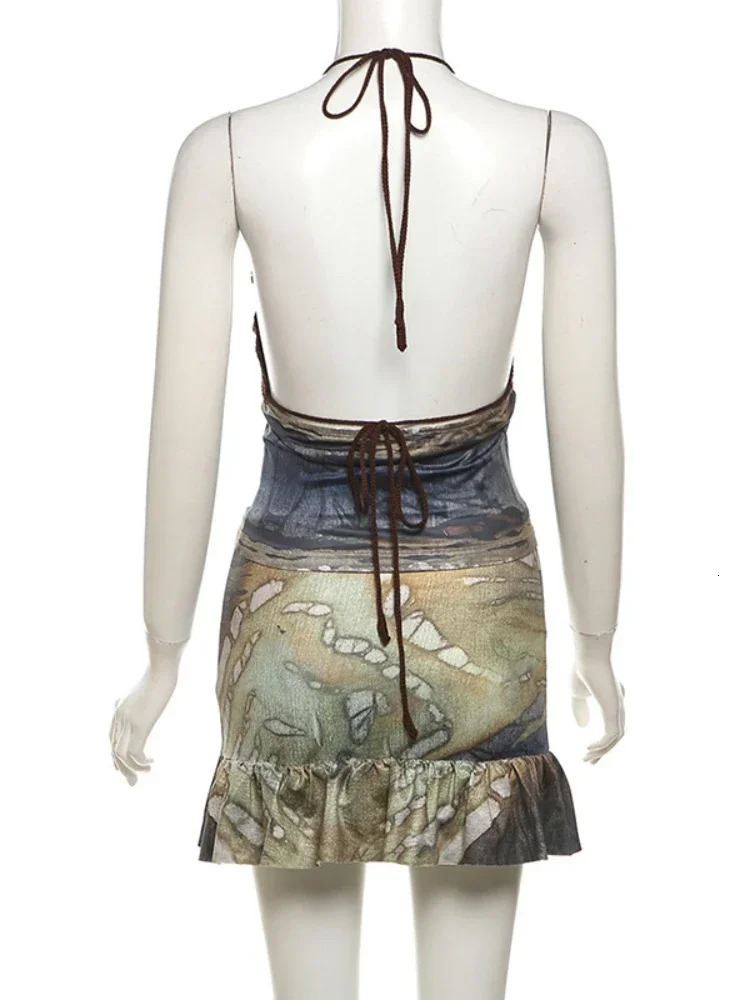 XIZOU Vintage Women 2 Piece Set Knit Patchwork Diamond Tassels Halter Backless TopsRuffles Hem Skirts Vacation Clubwear 250605