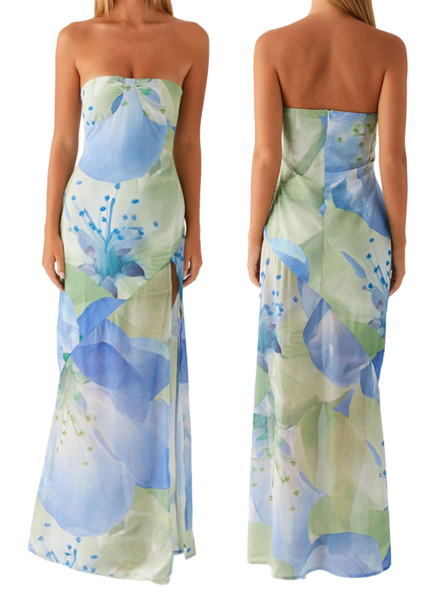 Elegant Maxi Dress with Boho Floral Print and Sexy High Slit Stylish Backless Strapless Tube Dress for Summer Beach Party