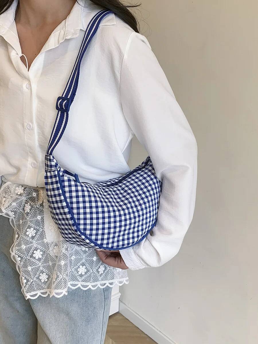 Simple Design Women's Plaid Hobos Shoulder Versatile Female Nylon Crossbody Bags Travel Girls Underarm Bag Handbags Purse