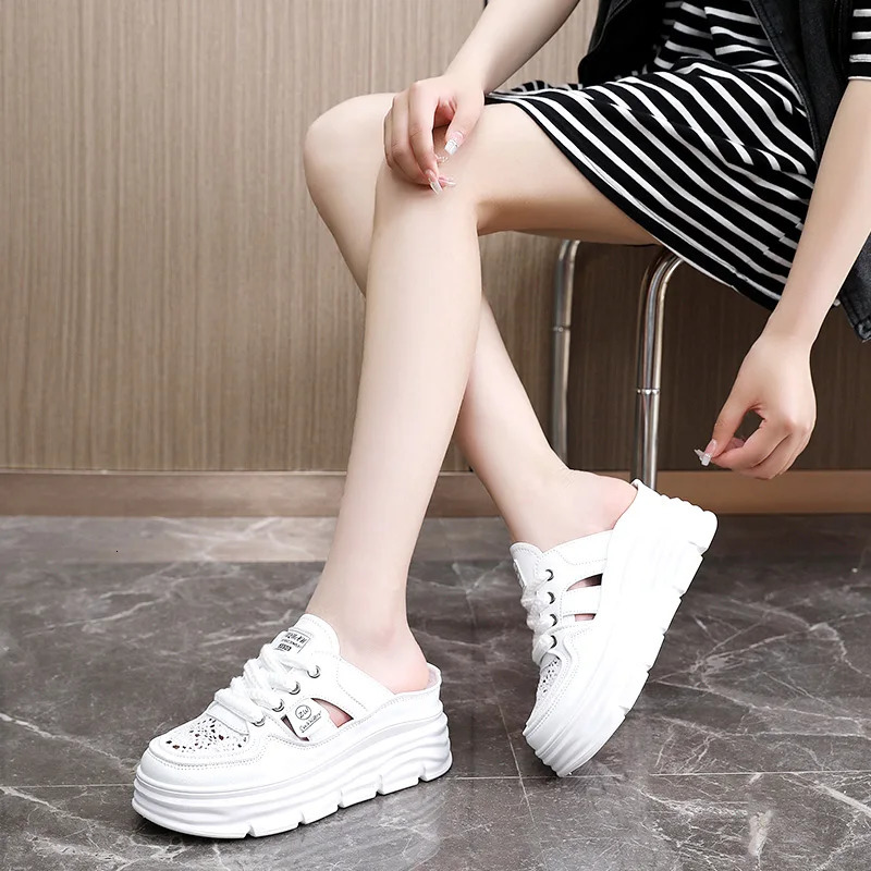 2025 Spring and Summer Thick Sole Increase Baotou Slippers Lady Small White Shoes Muffin Thick Sole Half Slippers 250603