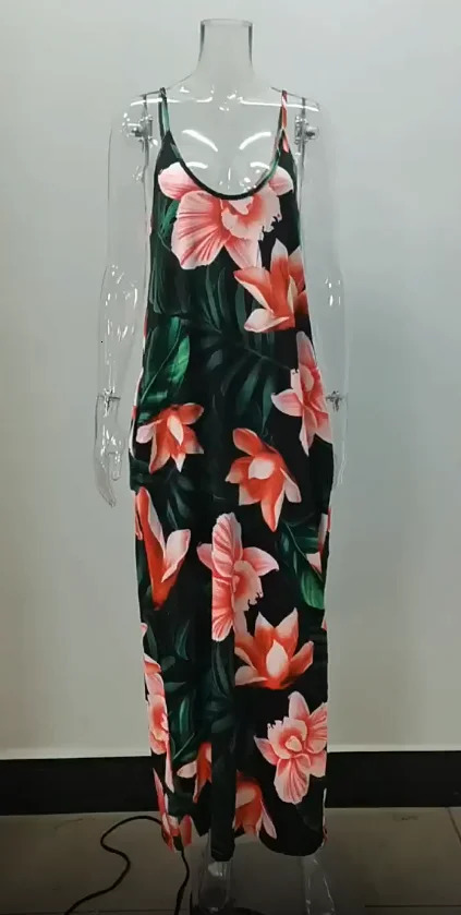 Plus size Europe and the United States crossborder plus summer station flower print loose slip dress long skirt 250526
