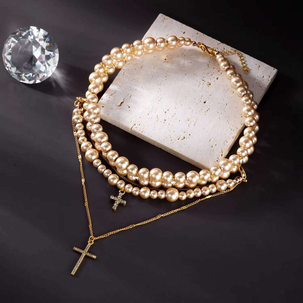 Multi-layer Imitation Pearl Beads for Women Wedding Cross Pendant Necklace Jewelry Accessories