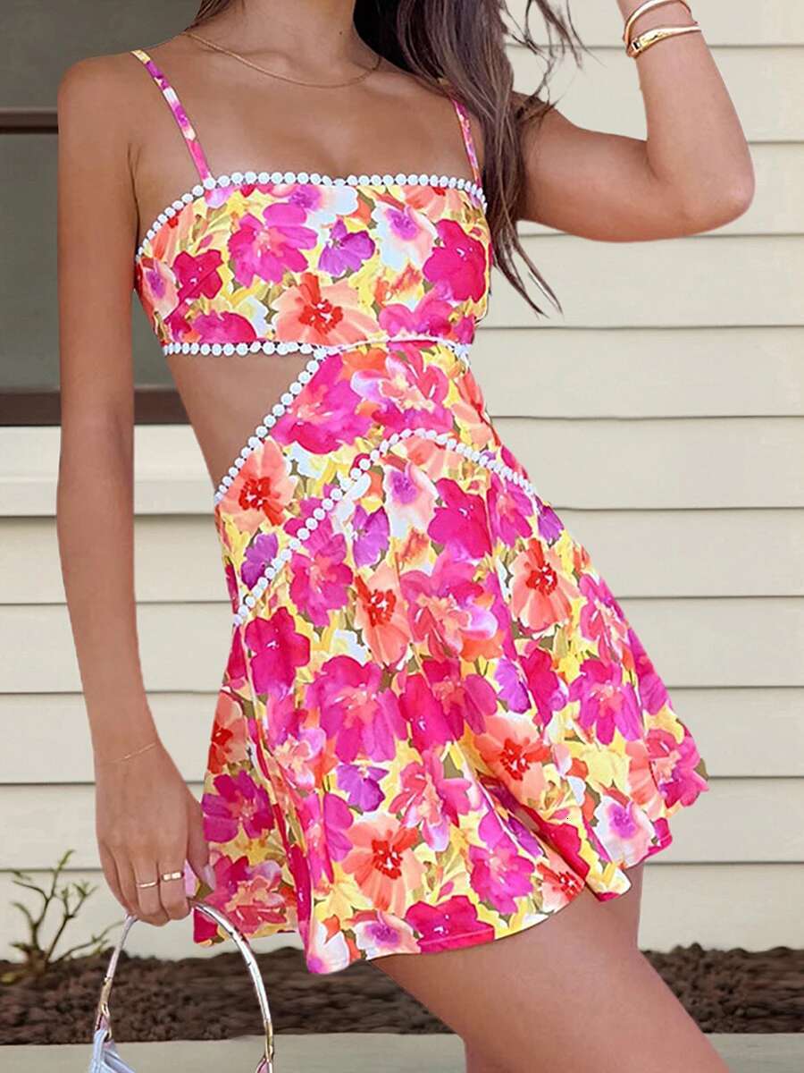 Womens Boho Floral Print Sleeveless Mini Dress with Open Back and Spaghetti Straps for Summer Beach Vacation