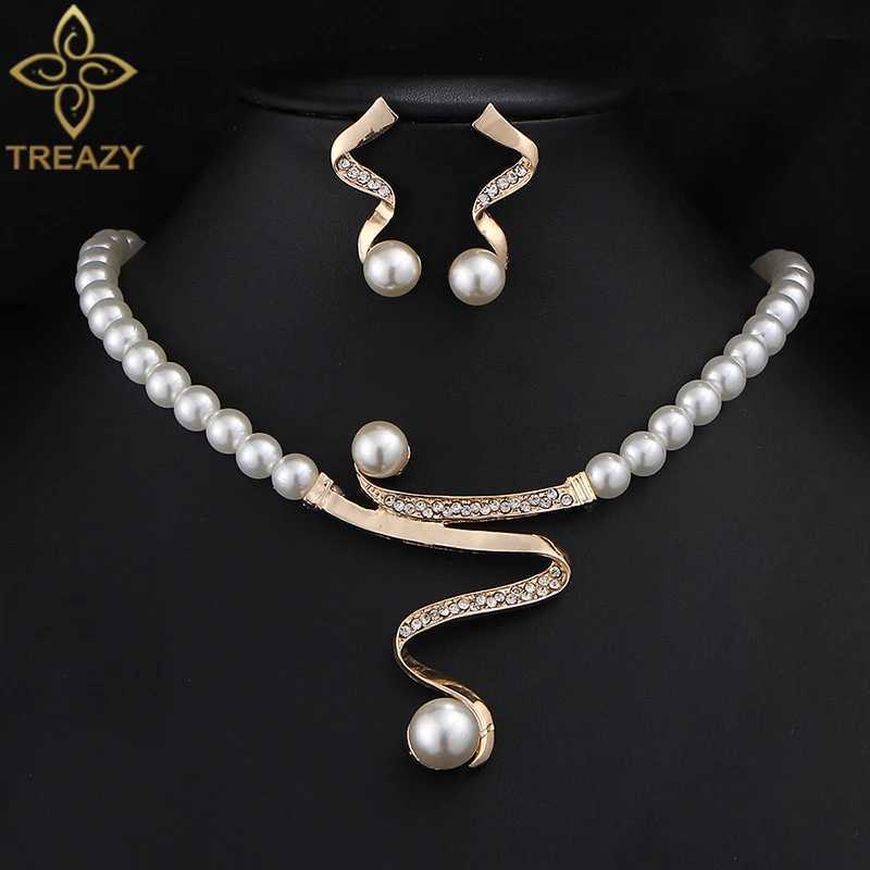 TREAZY Vintage Gold Color Simulated Pearl Jewelry Sets For Women Wedding Bridal Crystal Necklace Earrings African Jewelry Set Z250607